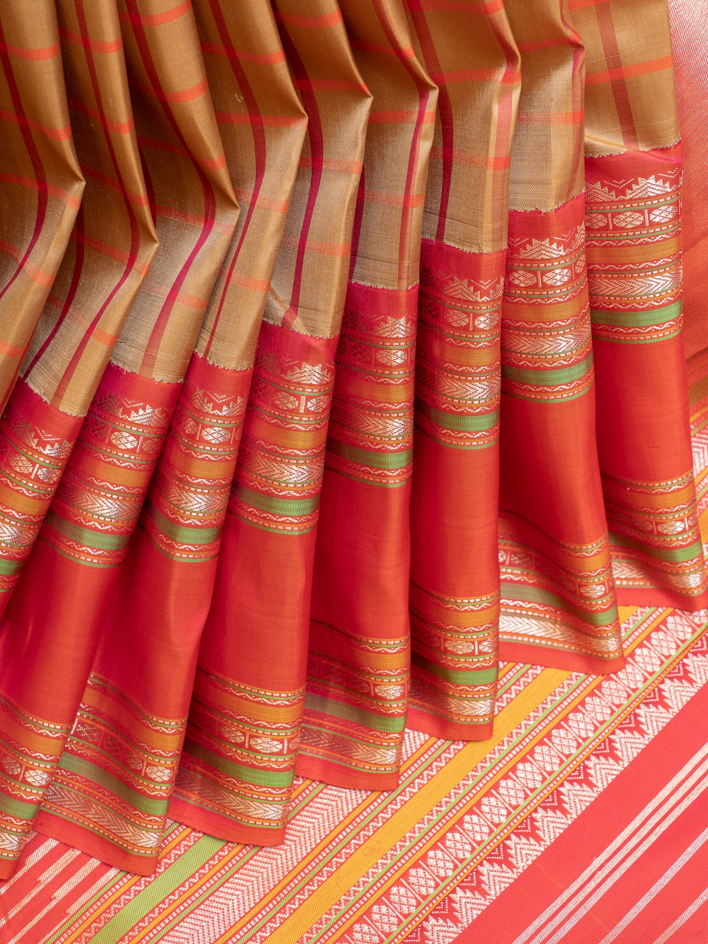 Beige multi checks pattu pettu pure Kanchipuram silk saree