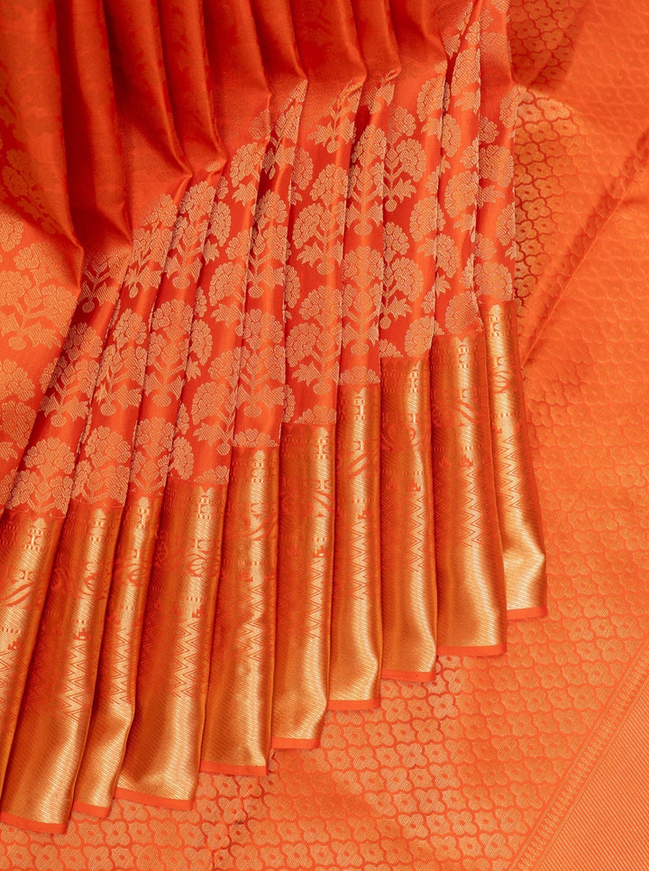 Orange Floral Zari Brocade Kanchipuram Silk Saree - Clio Silks