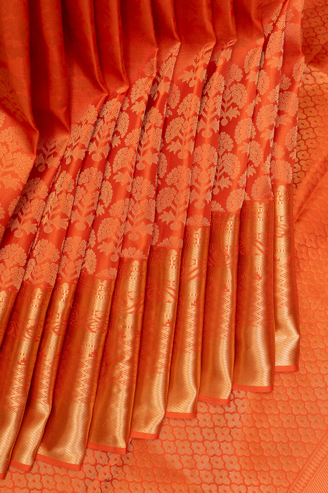 Orange Floral Zari Brocade Kanchipuram Silk Saree - Clio Silks