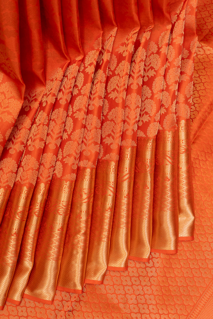 Orange Floral Zari Brocade Kanchipuram Silk Saree - Clio Silks