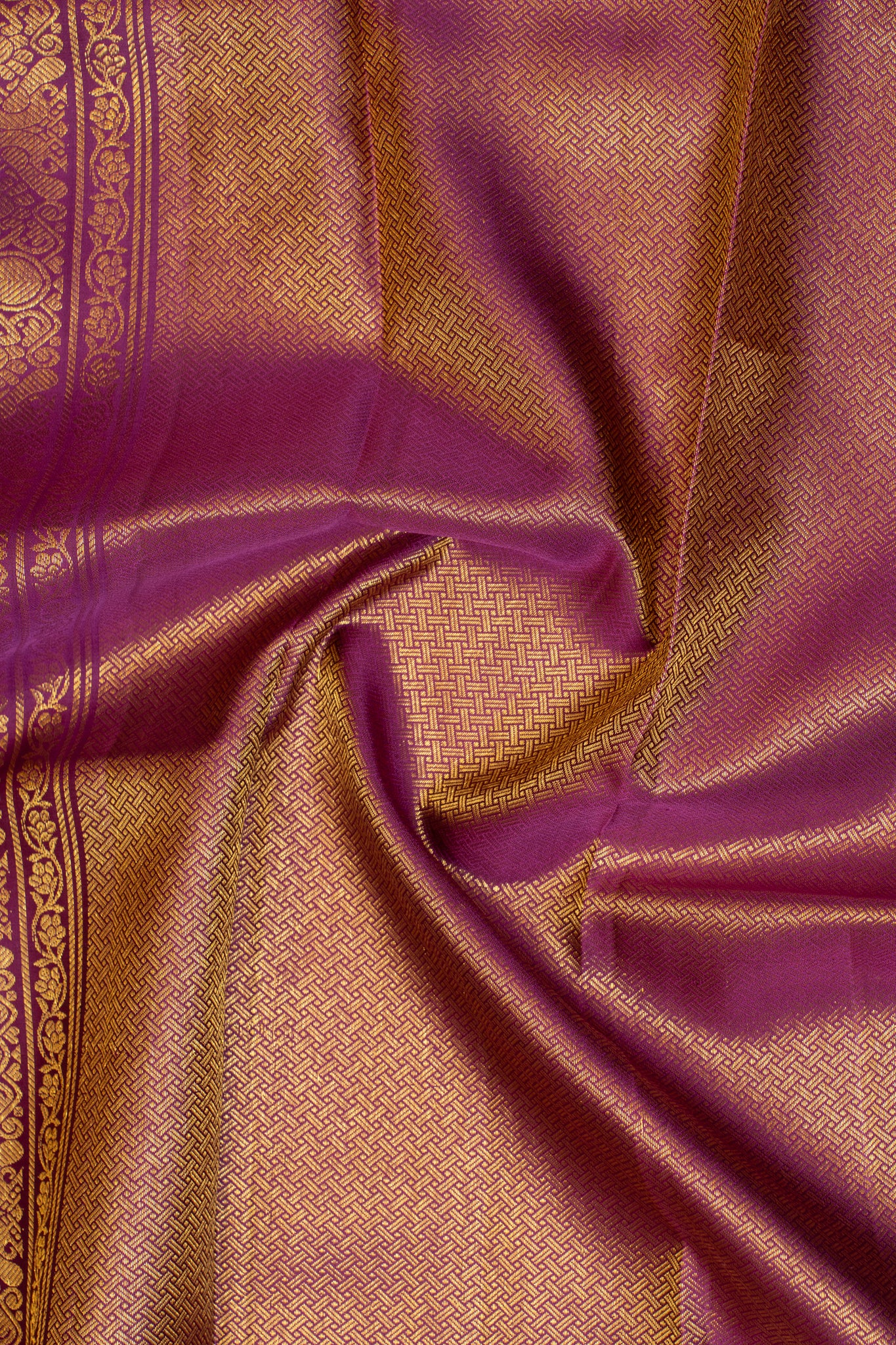 Beige and purple checks pure kanjivaram silk saree