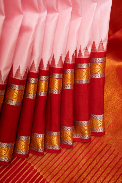 Cherry Pink and Red Zari Pure Kanchipuram Silk Saree - Clio Silks