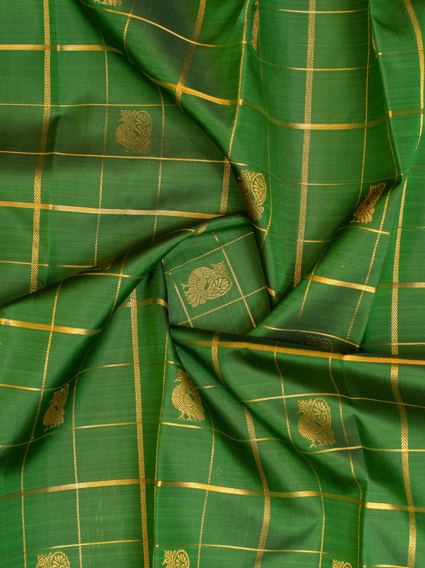 Emerald green and blue zari checks pure Kanchipuram silk saree