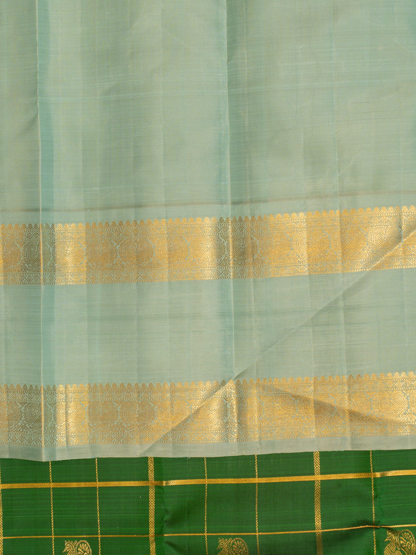 Emerald green and blue zari checks pure Kanchipuram silk saree