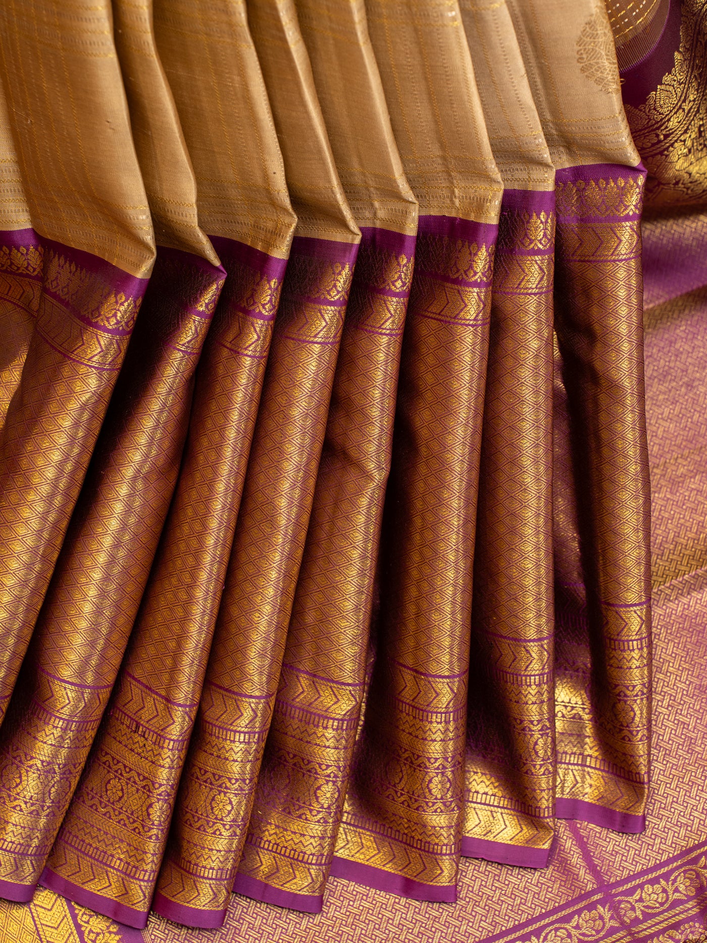 Beige and purple checks pure kanjivaram silk saree