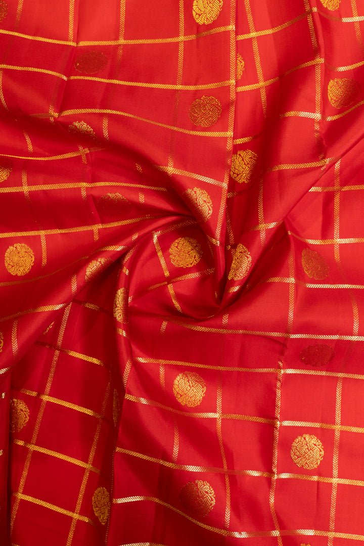 Red checks traditional pure Kanchipuram silk saree
