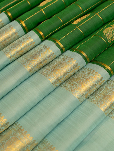 Emerald green and blue zari checks pure Kanchipuram silk saree