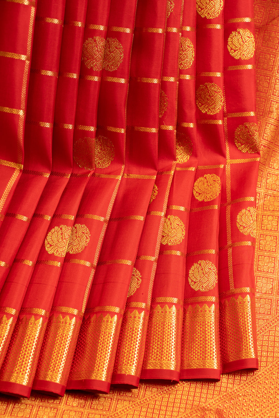 Red checks traditional pure Kanchipuram silk saree