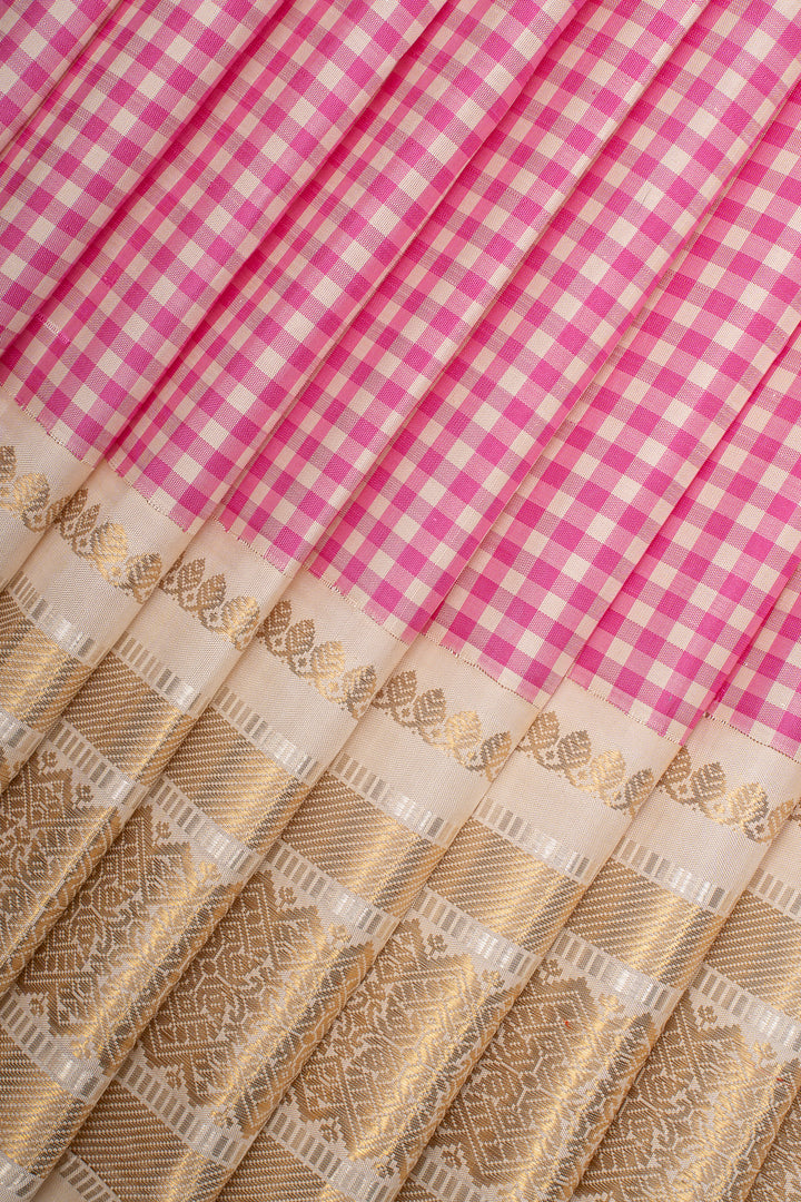 French Rose Pink Podikattam Ganga Jamuna Pure Kanchipuram Silk Saree