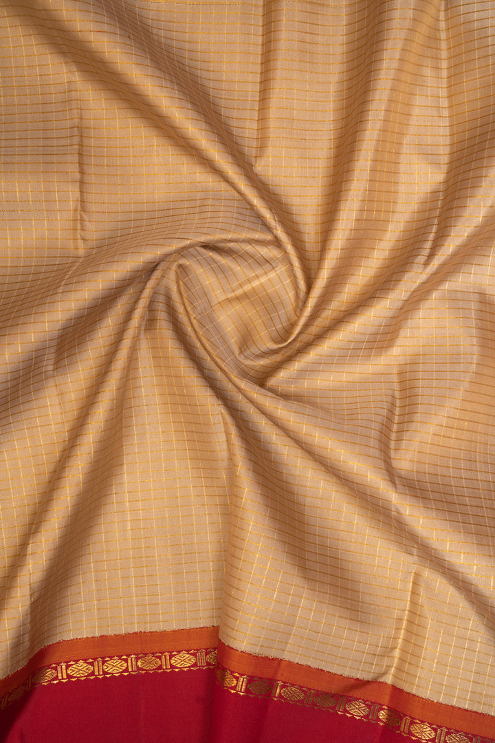 Khaki Gold Checks Pure Kanchipuram Silk Saree - Clio Silks