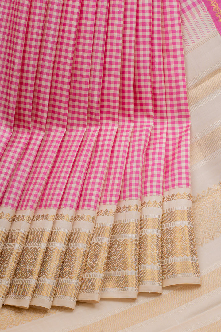 French Rose Pink Podikattam Ganga Jamuna Pure Kanchipuram Silk Saree