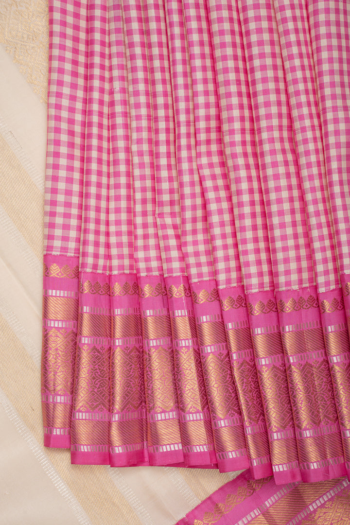 French Rose Pink Podikattam Ganga Jamuna Pure Kanchipuram Silk Saree