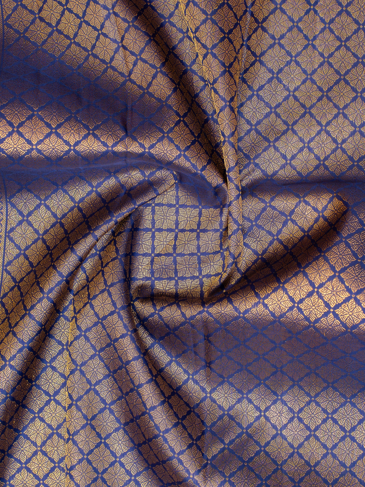 Sage green and dark blue ornamental checks pure Zari Kanchipuram silk saree