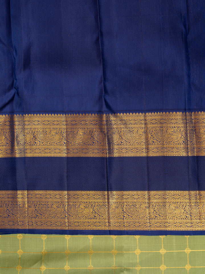 Sage green and dark blue ornamental checks pure Zari Kanchipuram silk saree