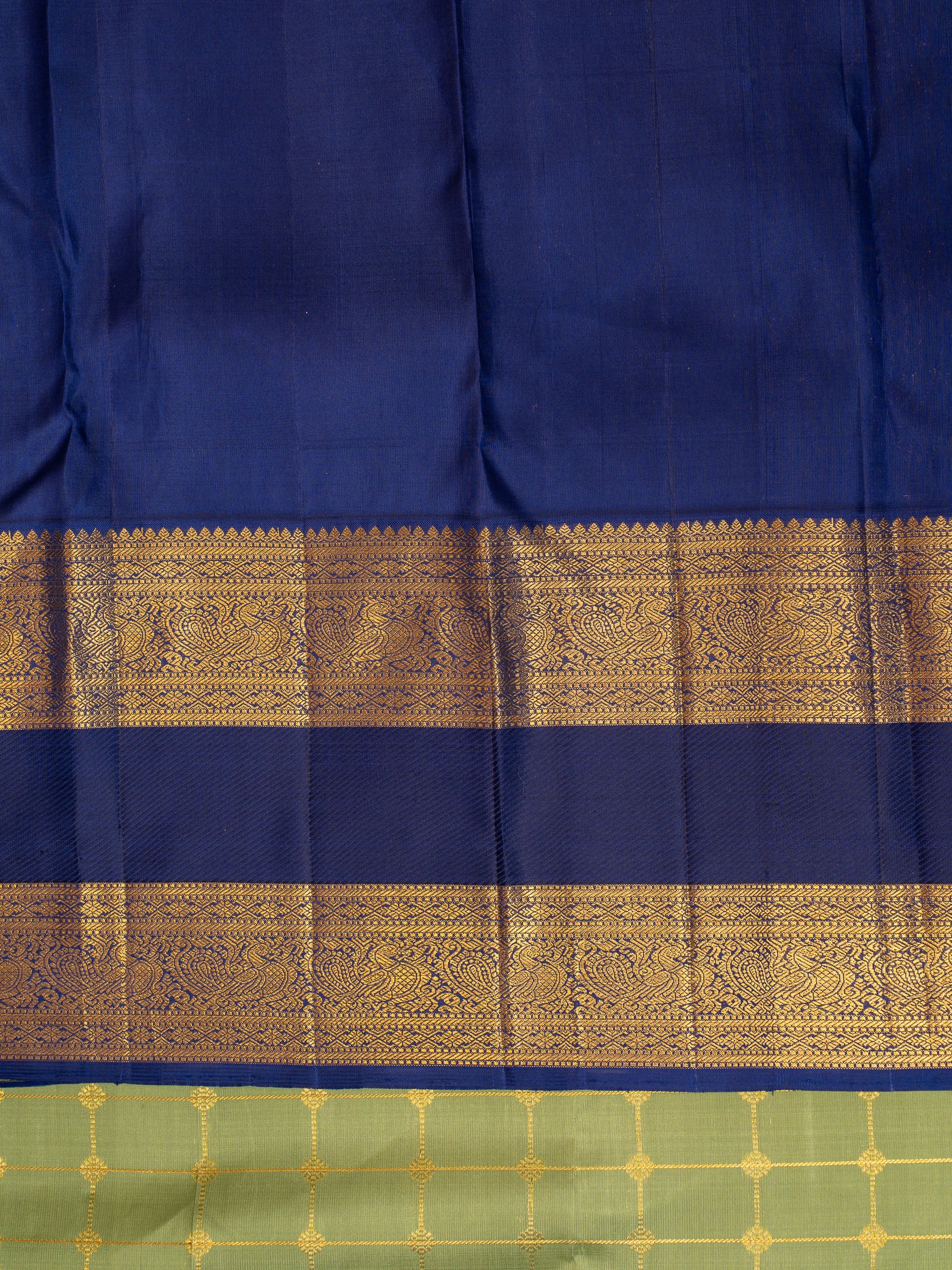 Sage green and dark blue ornamental checks pure Zari Kanchipuram silk saree