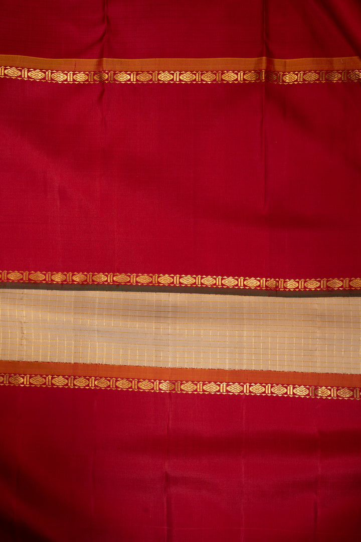 Khaki Gold Checks Pure Kanchipuram Silk Saree - Clio Silks