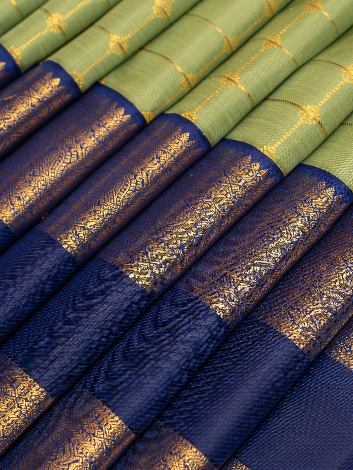 Sage green and dark blue ornamental checks pure Zari Kanchipuram silk saree