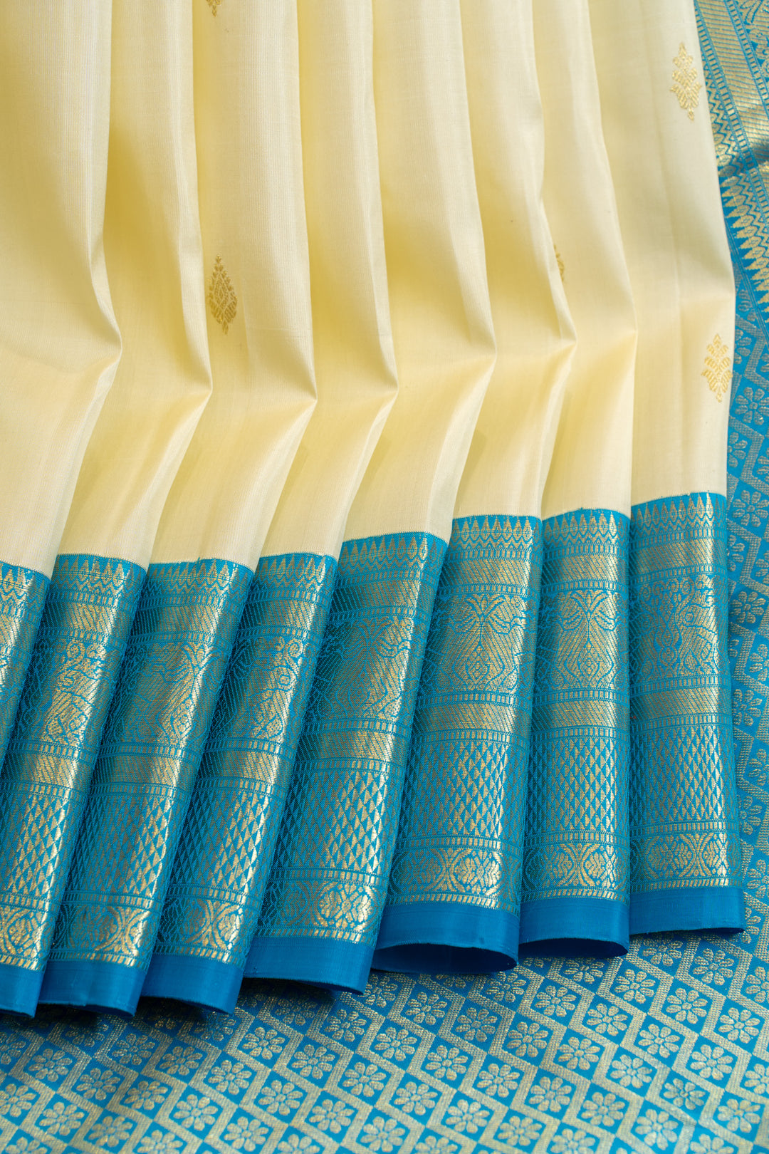 Pearl white and anandha blue pure Kanchipuram silk saree