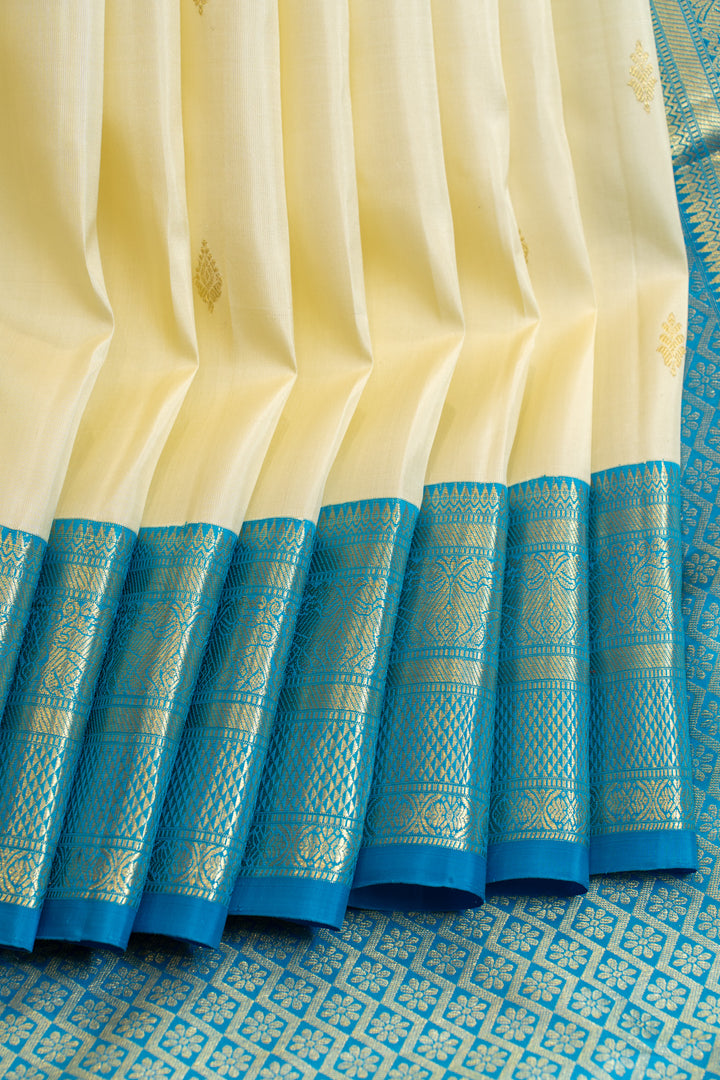 Pearl white and anandha blue pure Kanchipuram silk saree