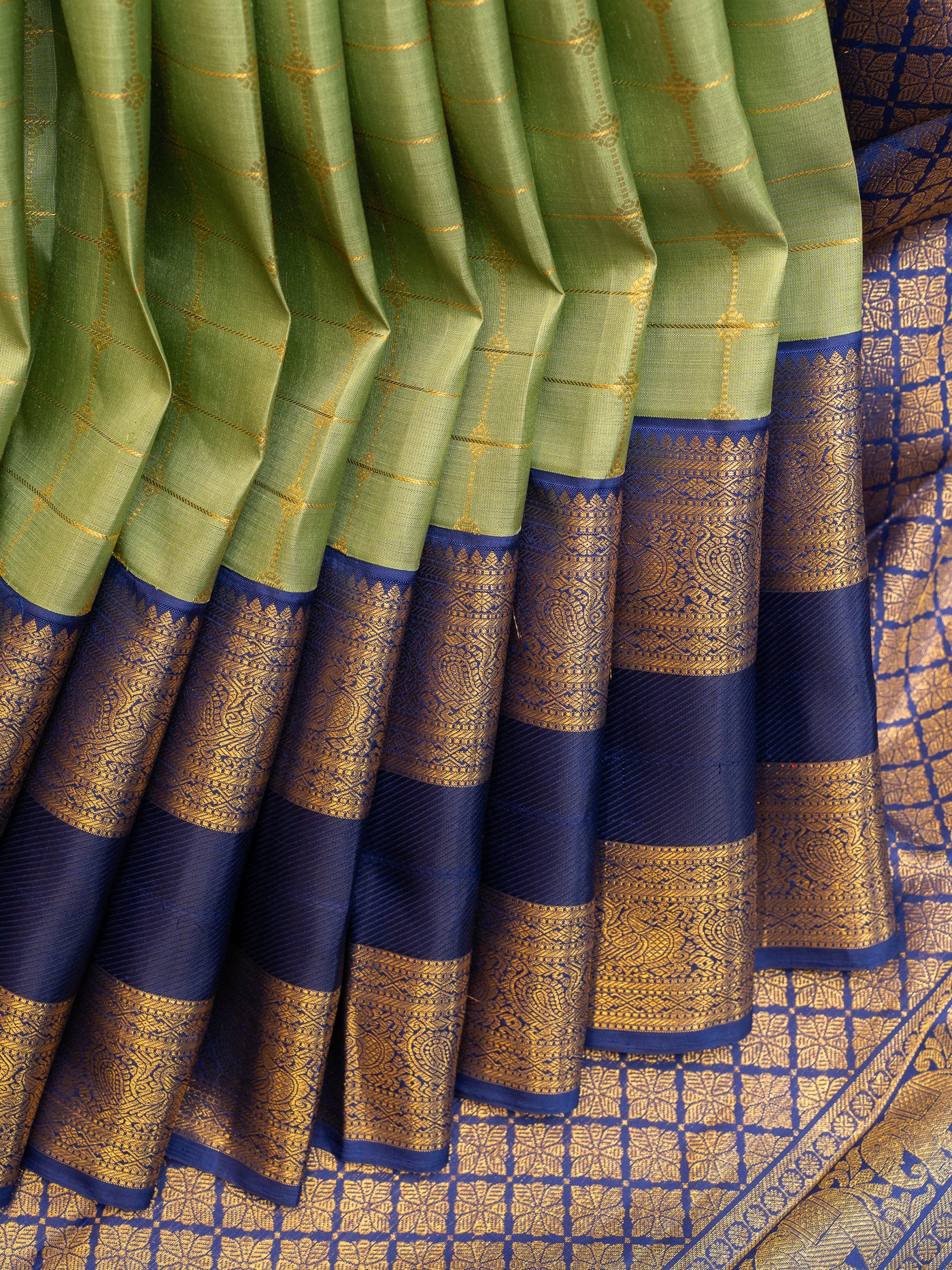 Sage green and dark blue ornamental checks pure Zari Kanchipuram silk saree