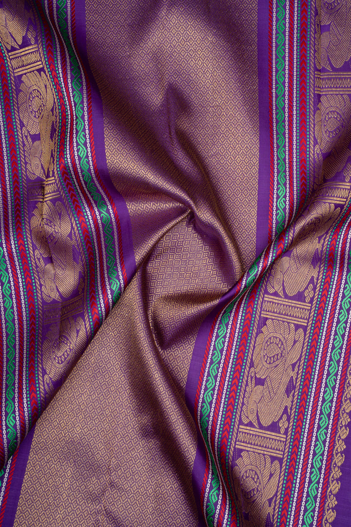 Greyish Blue and Magenta Vintage Checks Pure Kanchipuram Silk Saree
