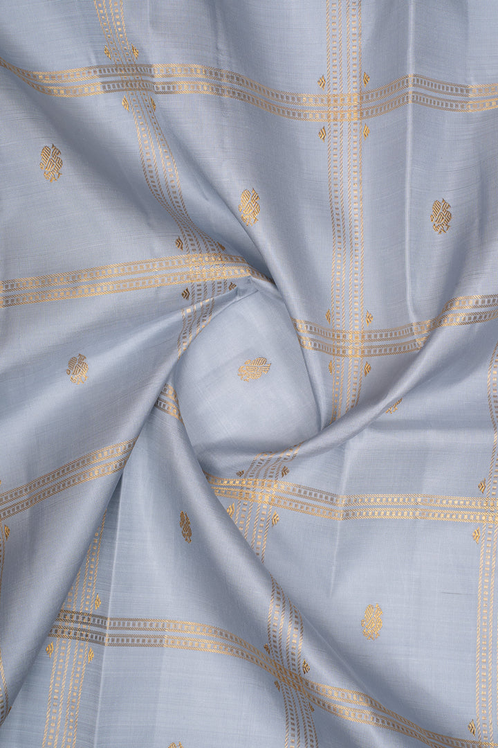 Greyish Blue and Magenta Vintage Checks Pure Kanchipuram Silk Saree