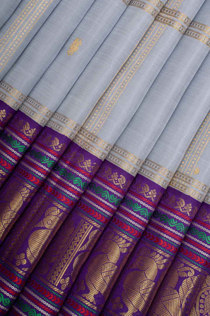 Greyish Blue and Magenta Vintage Checks Pure Kanchipuram Silk Saree