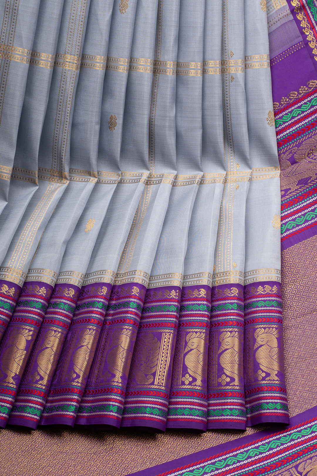 Greyish Blue and Magenta Vintage Checks Pure Kanchipuram Silk Saree