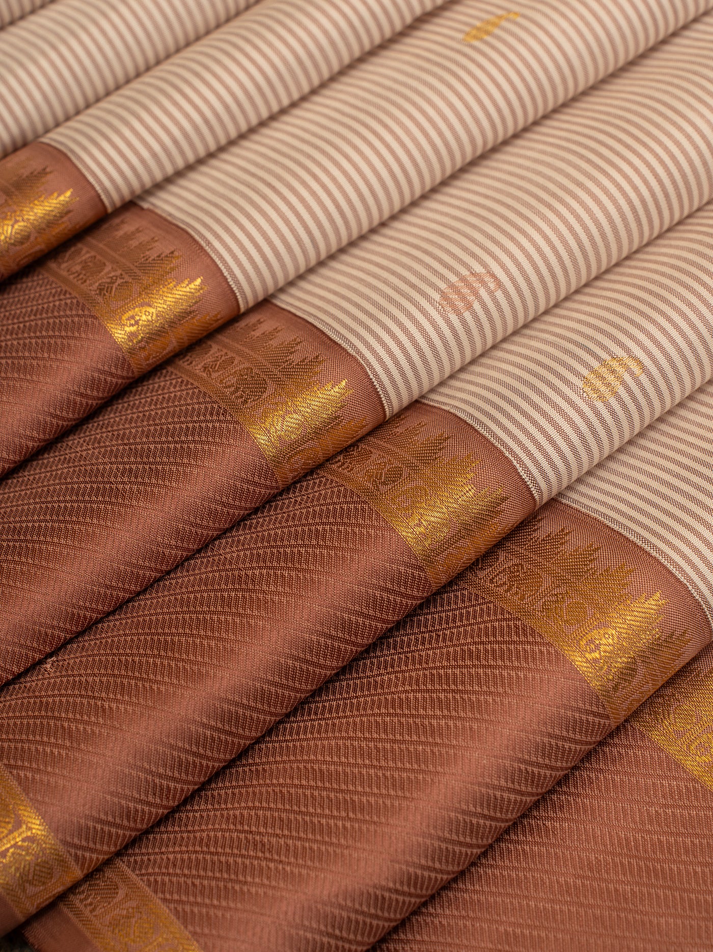 Beige and mauve brown stripes pure zari kanjivaram silk saree