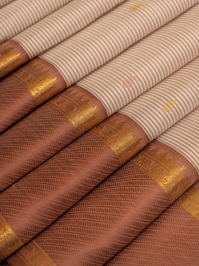 Beige and mauve brown stripes pure zari kanjivaram silk saree