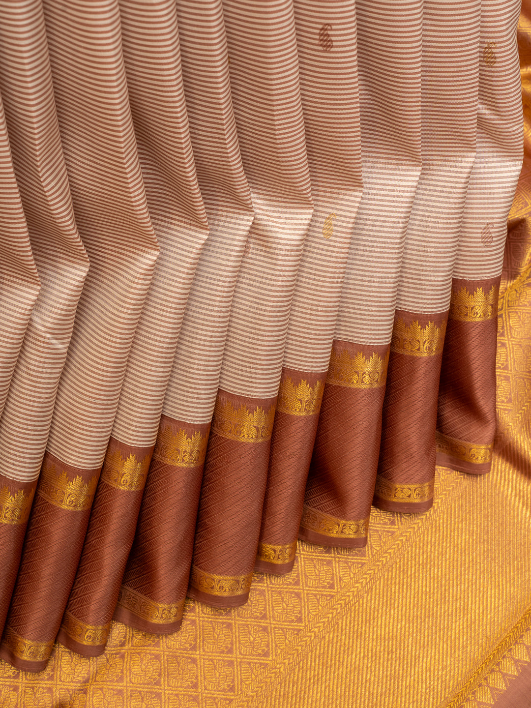 Beige and mauve brown stripes pure zari kanjivaram silk saree