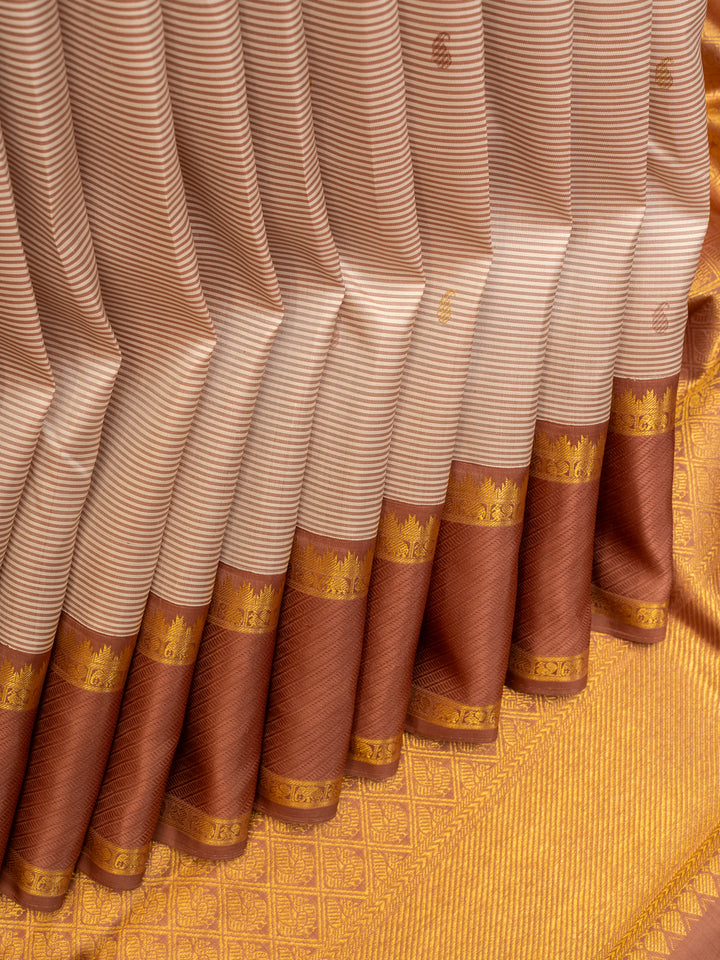 Beige and mauve brown stripes pure zari kanjivaram silk saree
