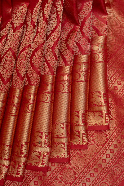 Red Diamond Brocade Pure Kanchipuram Silk Saree - Clio Silks