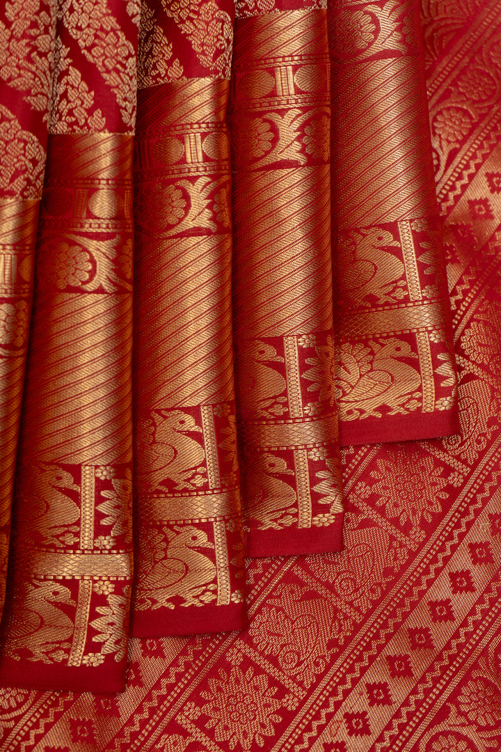 Red Diamond Brocade Pure Kanchipuram Silk Saree - Clio Silks