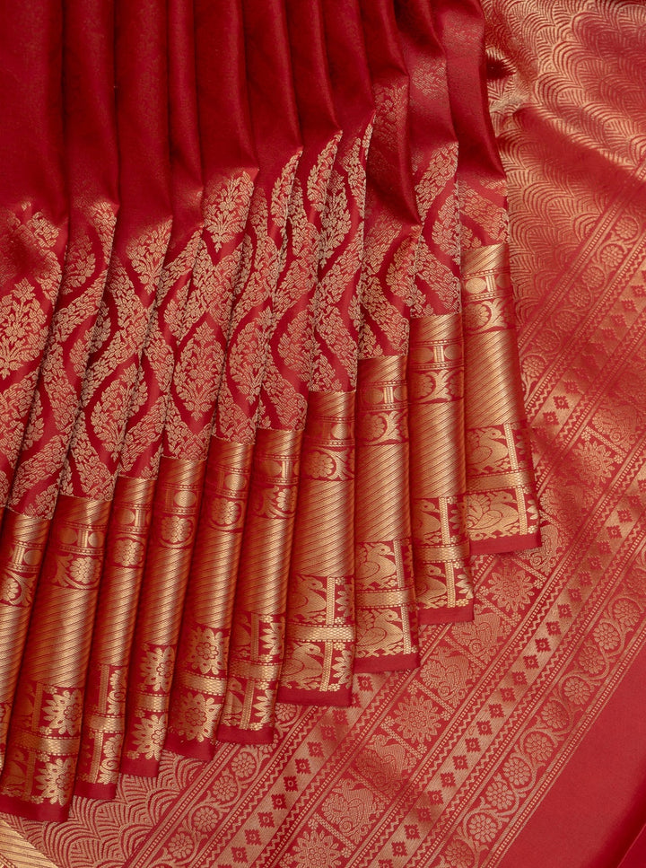Red Diamond Brocade Pure Kanchipuram Silk Saree - Clio Silks