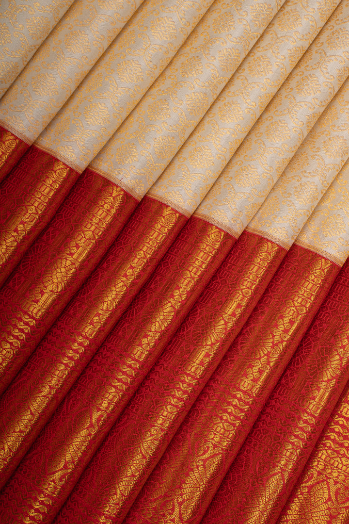 Ivory and Red Brocade Pure Kanchipuram Silk Saree