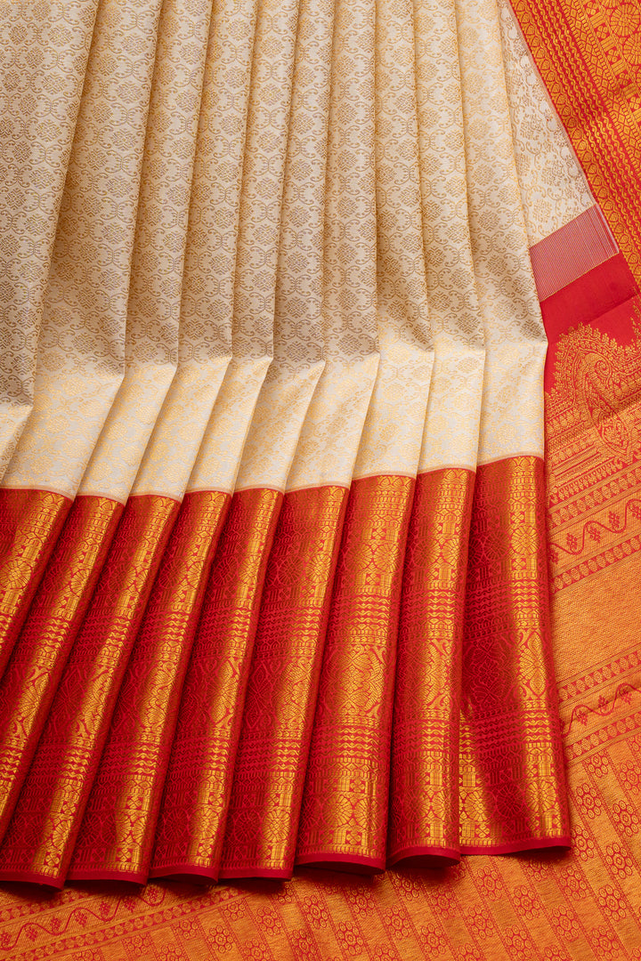Ivory and Red Brocade Pure Kanchipuram Silk Saree