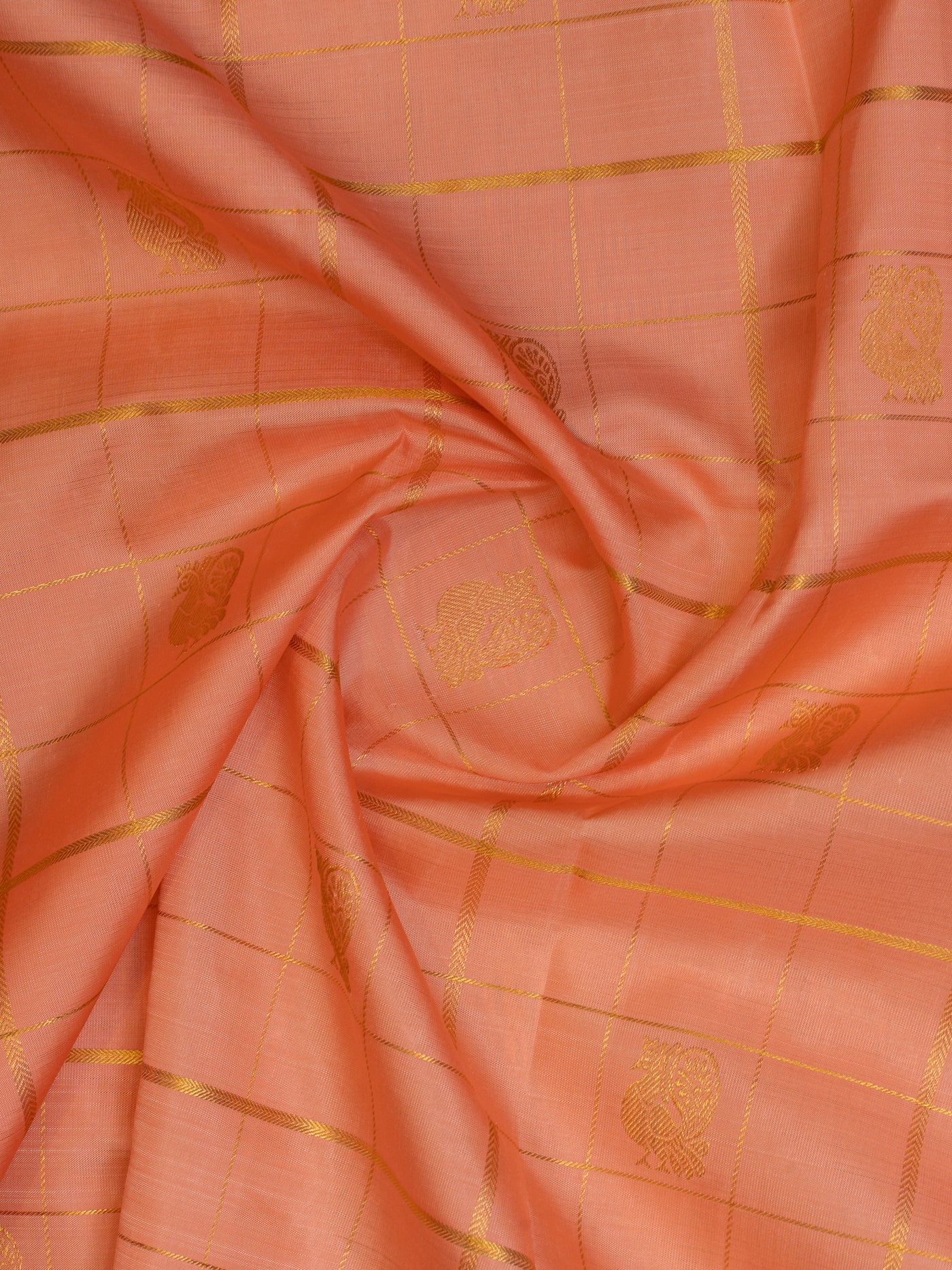 Peach and purple zari checks pure Kanchipuram silk saree