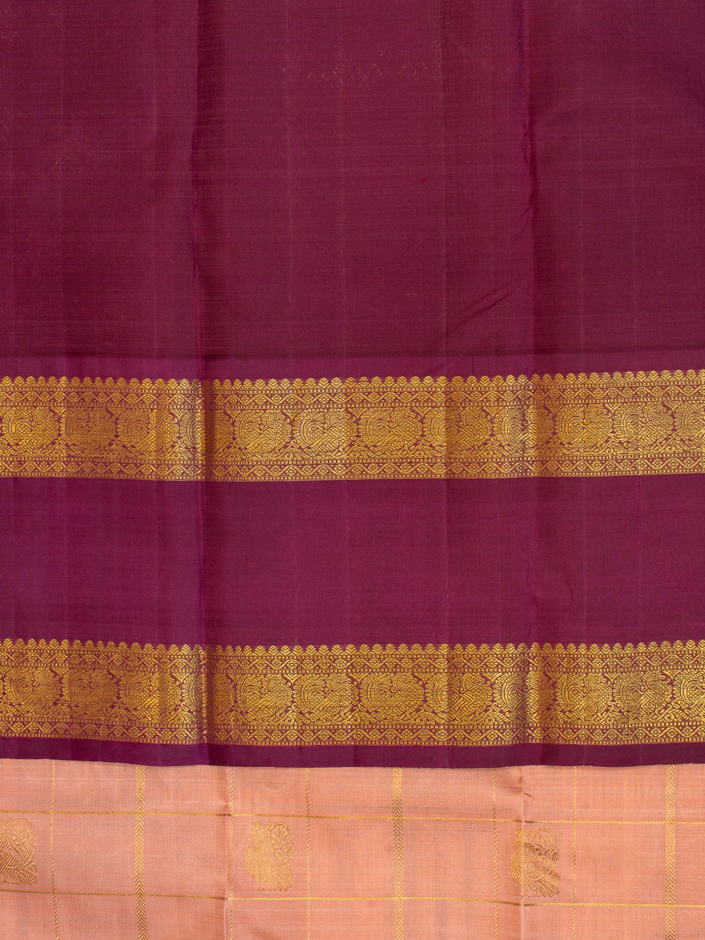 Peach and purple zari checks pure Kanchipuram silk saree