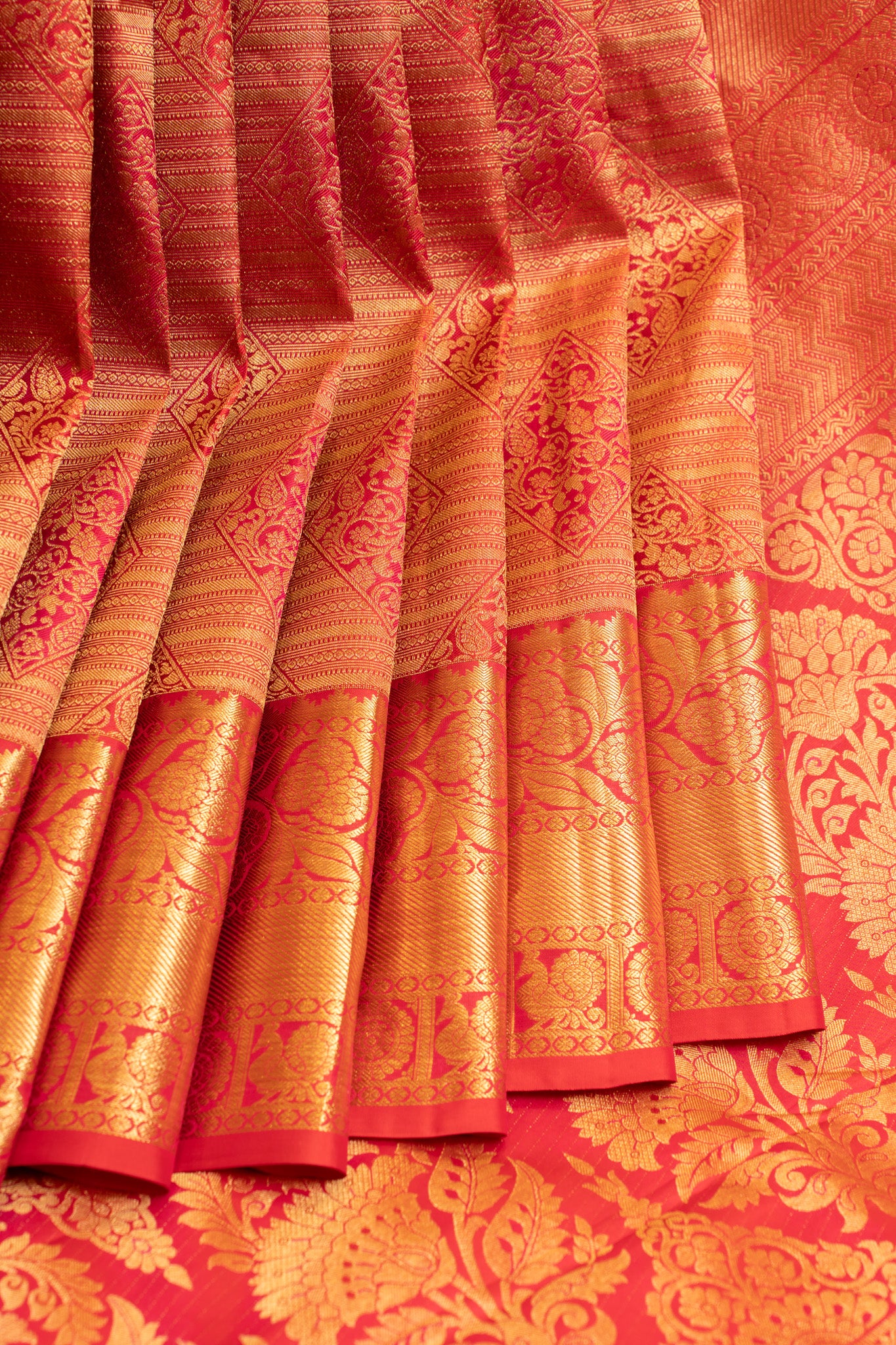 Reddish pink diamond brocade pure soft silk saree