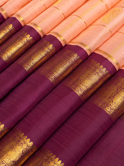 Peach and purple zari checks pure Kanchipuram silk saree