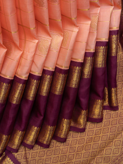 Peach and purple zari checks pure Kanchipuram silk saree