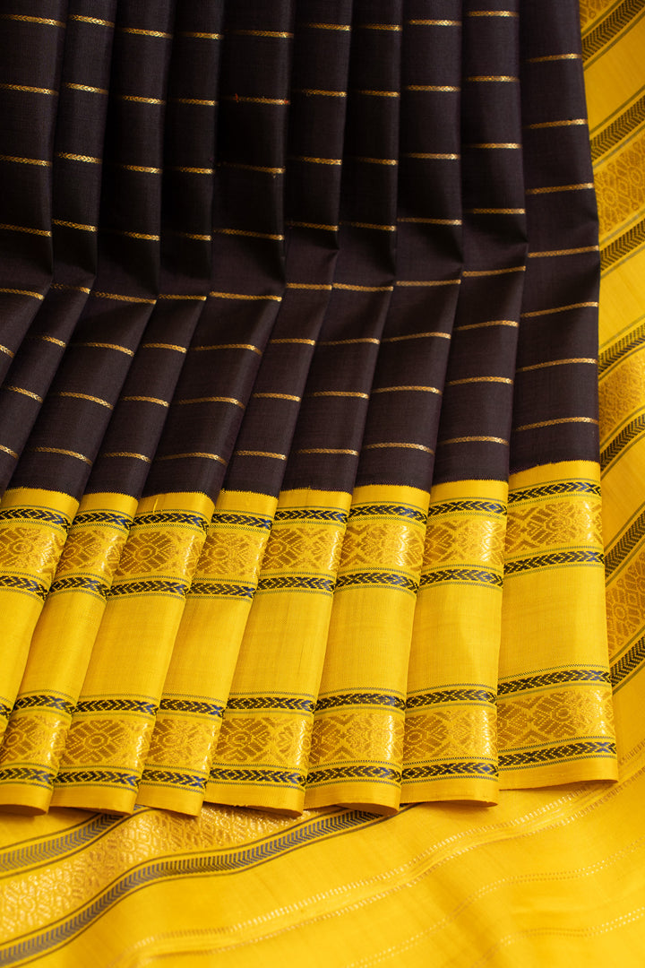 Dark purple and yellow neli stripes pure Kanchipuram silk saree