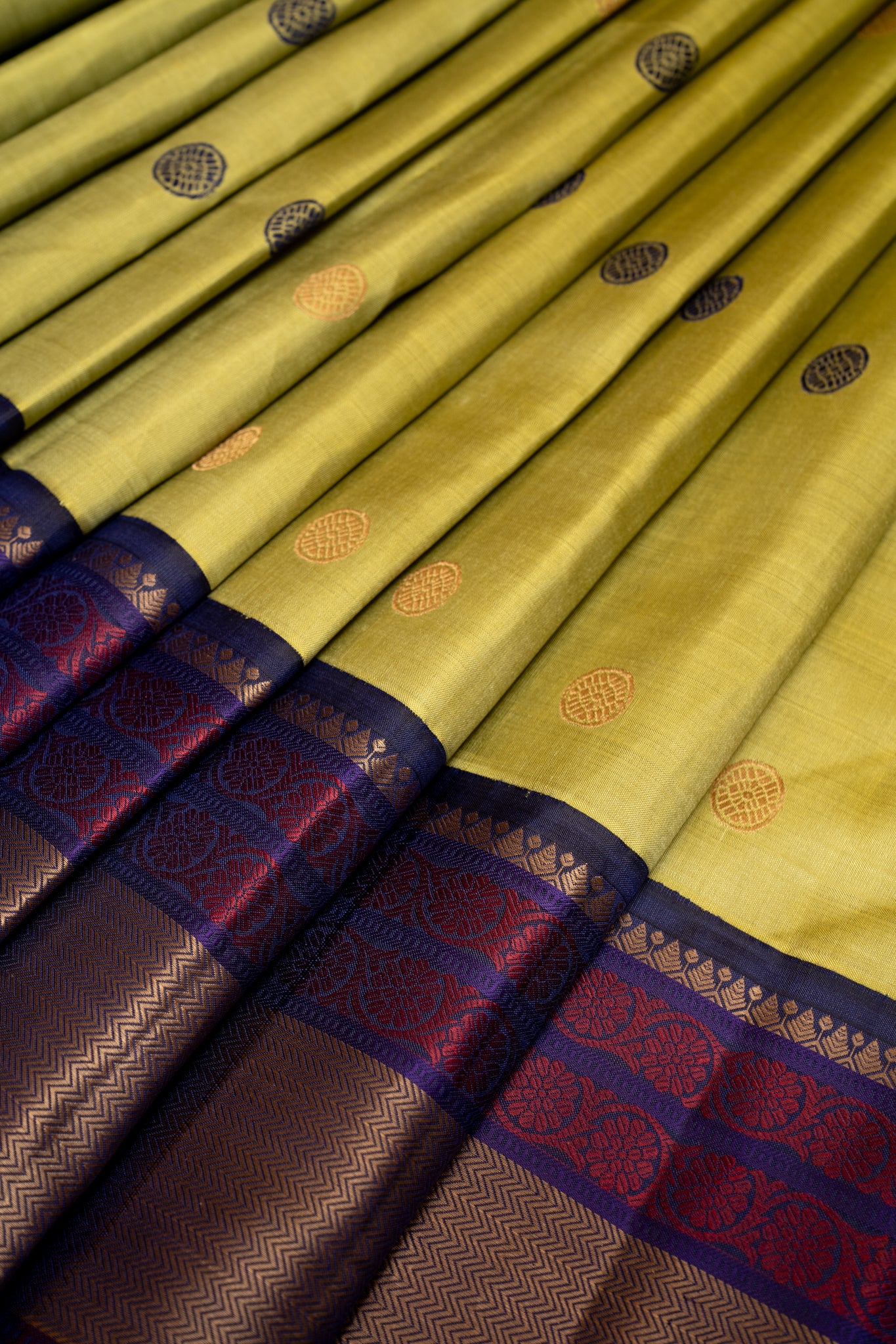 Olive Green and Indigo Blue Pure Kanchipuram Silk Saree - Clio Silks