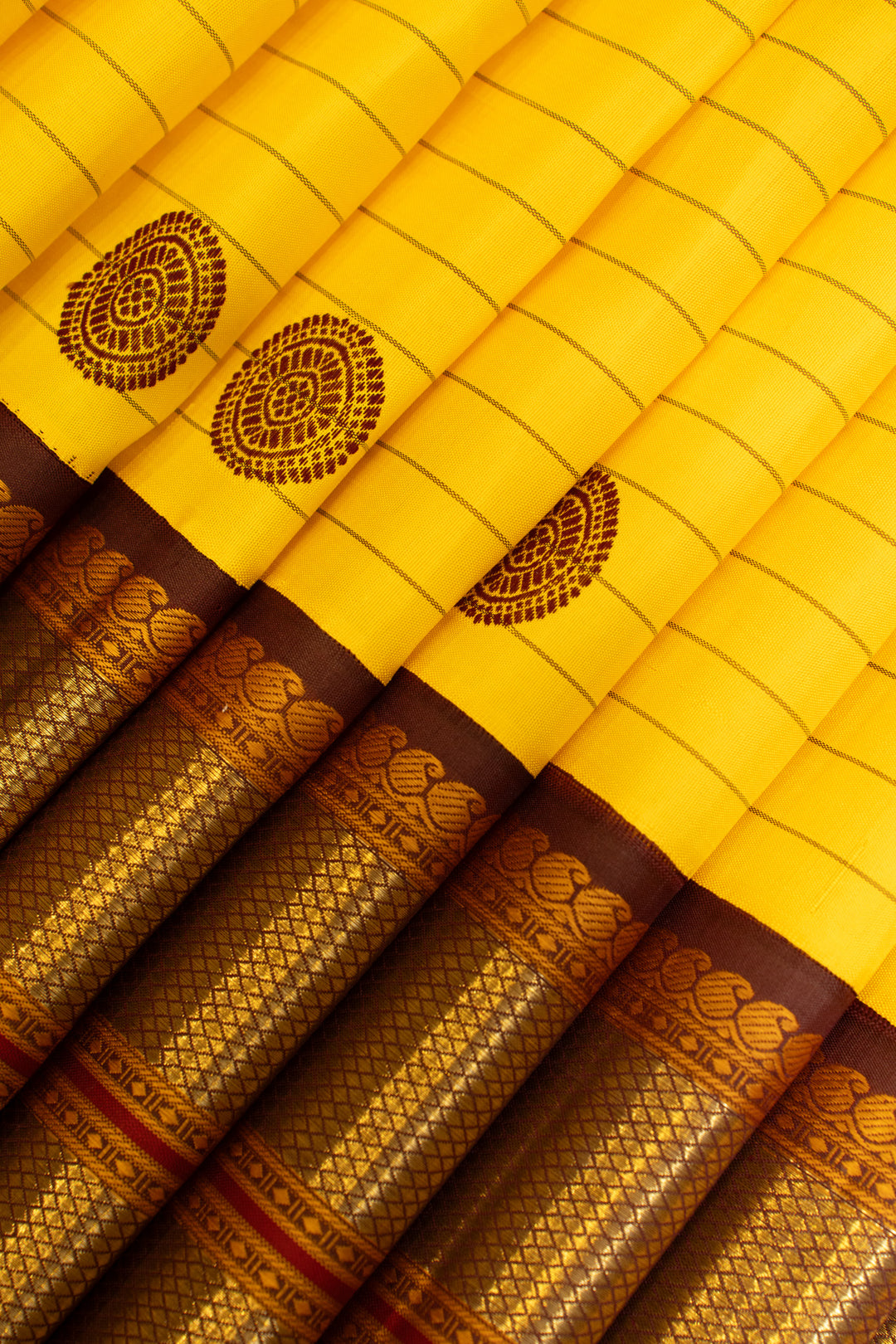 Yellow and jamun stripes pure Kanchipuram silk saree