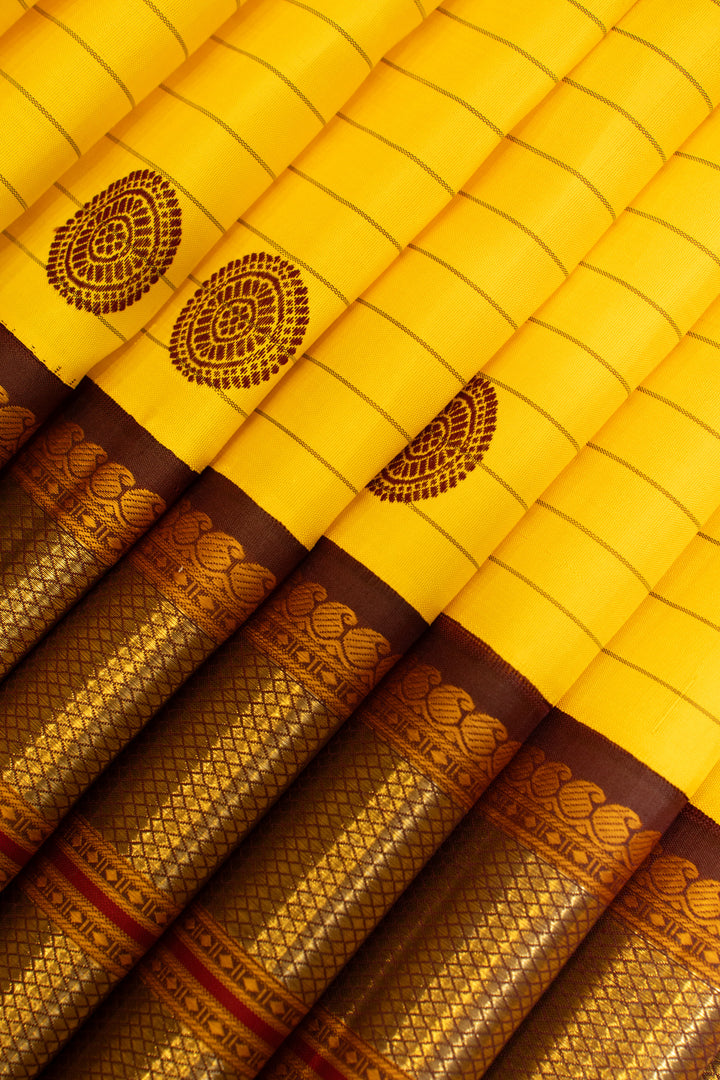Yellow and jamun stripes pure Kanchipuram silk saree