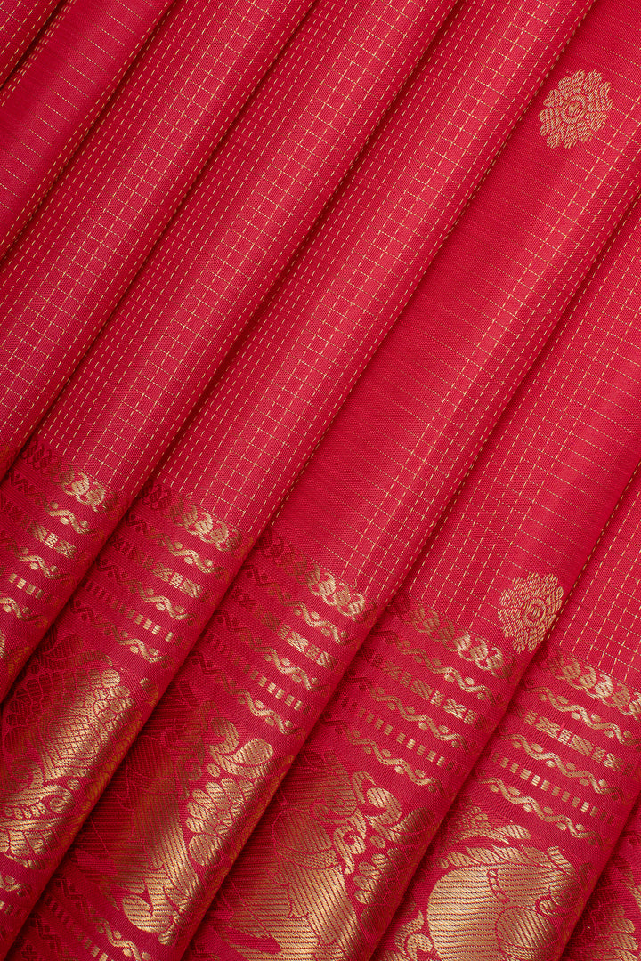Reddish Pink Vairaoosi Checks Pure Kanchipuram Silk Saree