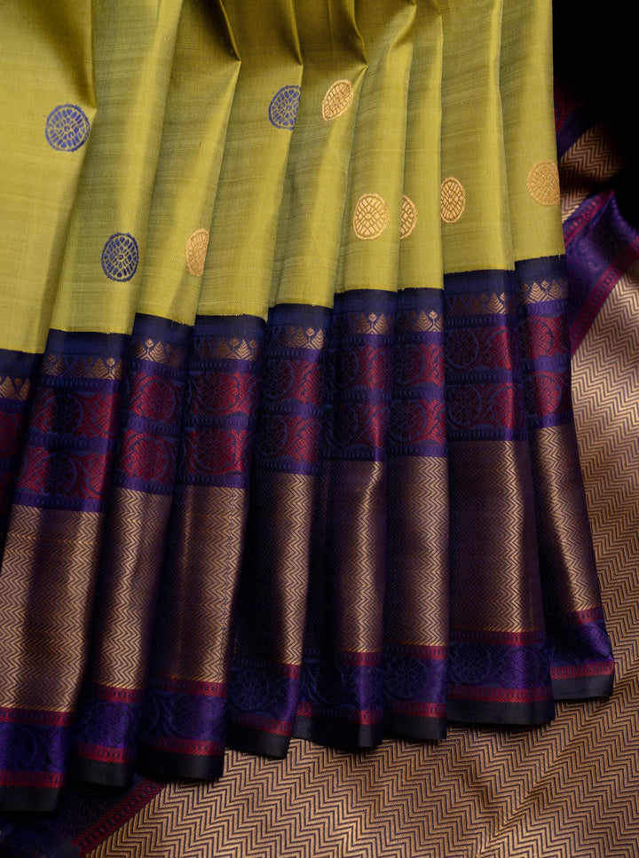 Olive Green and Indigo Blue Pure Kanchipuram Silk Saree - Clio Silks