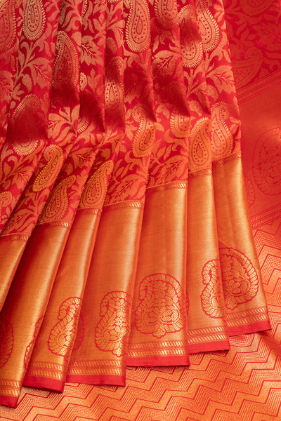 Crimson red paisley brocade pure Kanchipuram silk saree