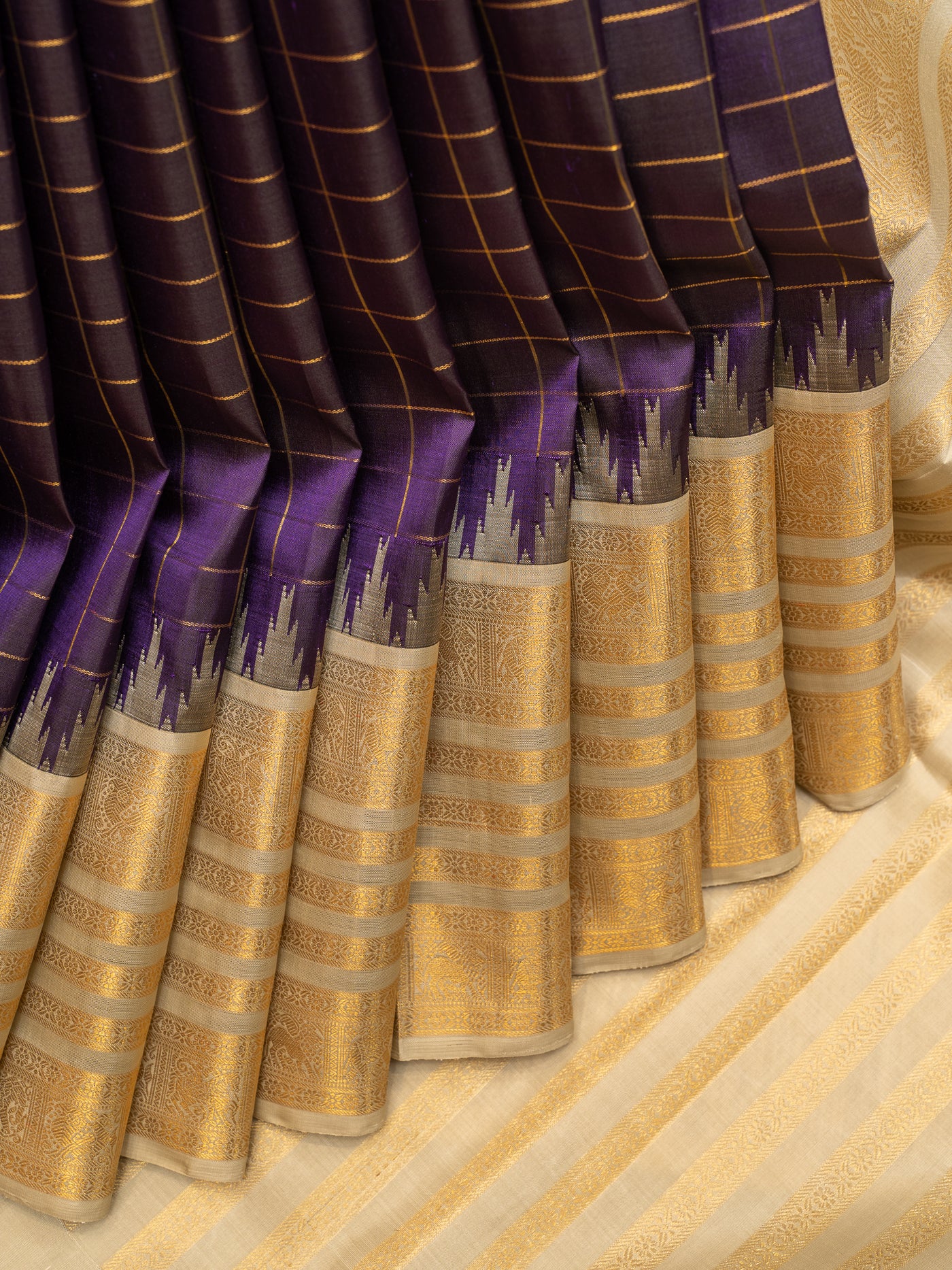 Aubergine purple and beige pure zari checks Kanchipuram silk saree